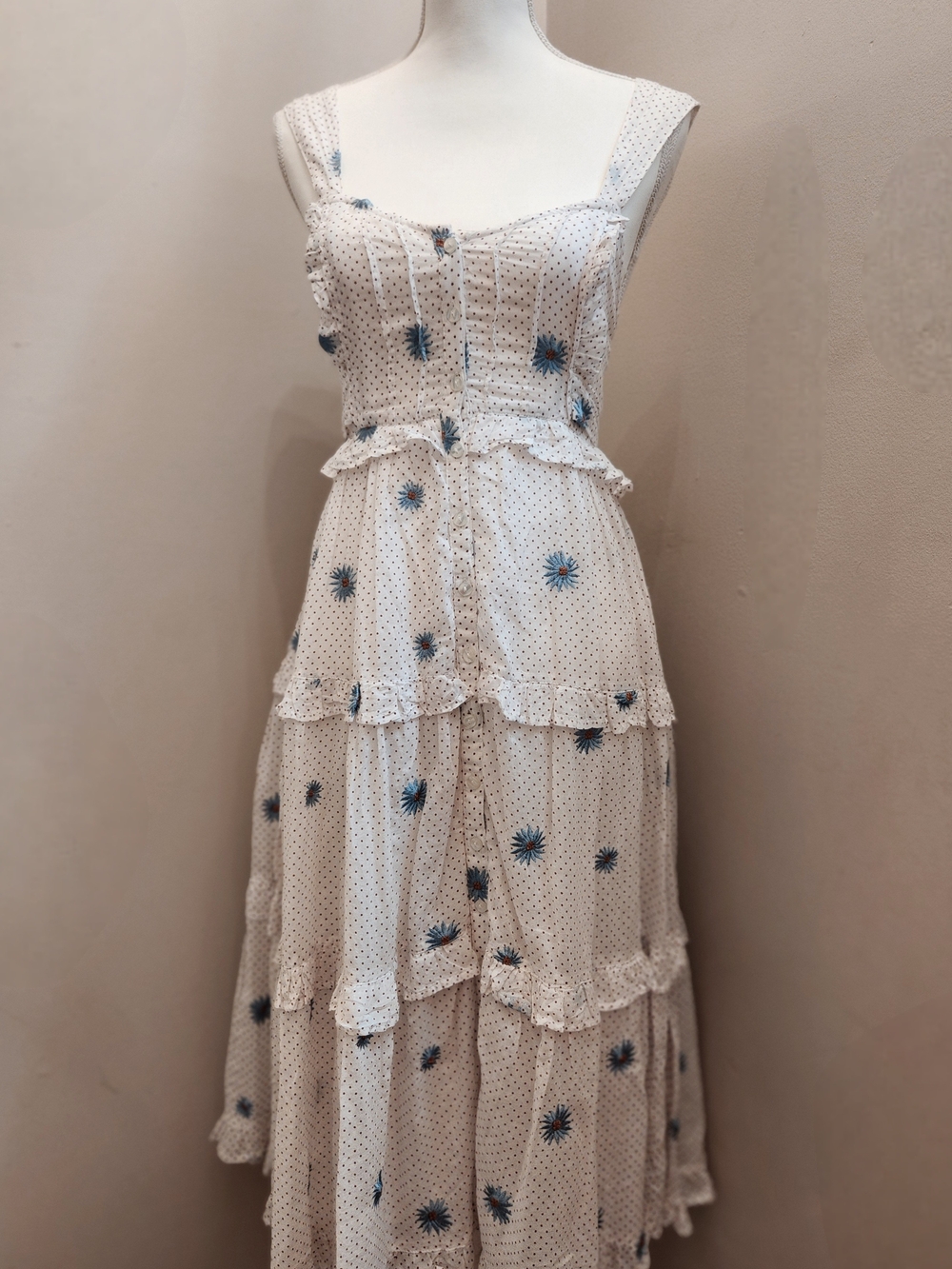 Free People White Tiered Maxi Dress with Blue Floral Accents